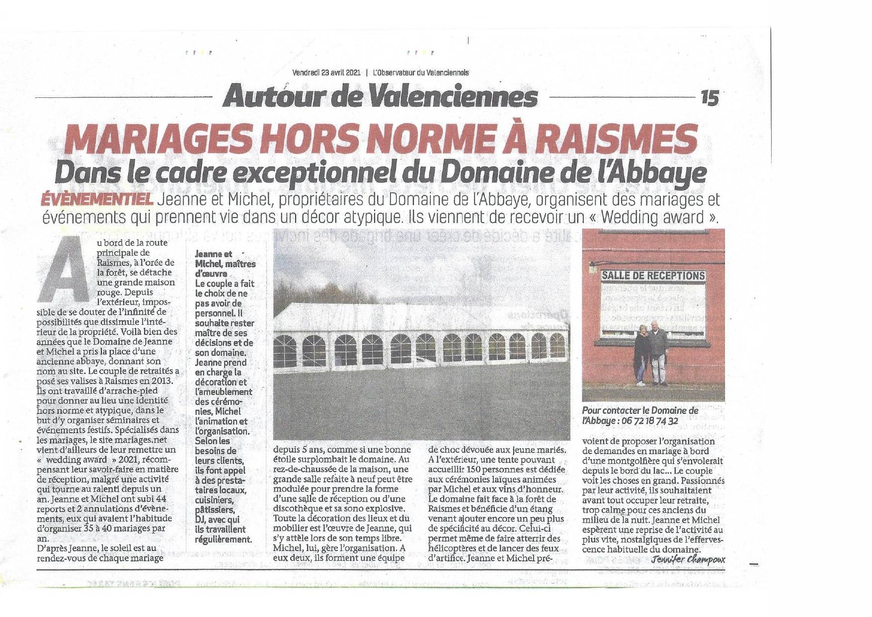 Article de presse sur le Domaine de l'Abbaye, dans l'Observateur du Valenciennois